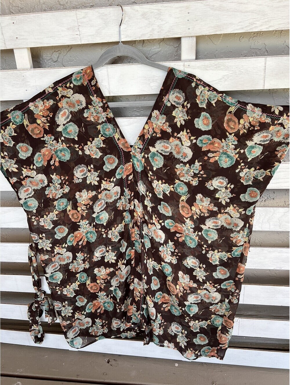 Patterson J Kincaid Women M Kimono Top Brown Tan Squares Sheer Belted V Neck.
